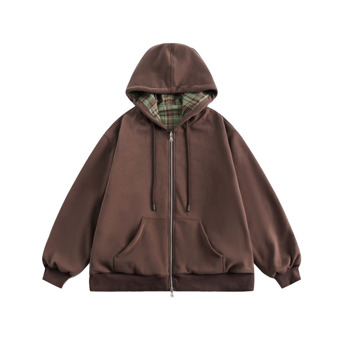 Vintage Zip Hoodie - Sudadera con Capucha a Cuadros Marrón